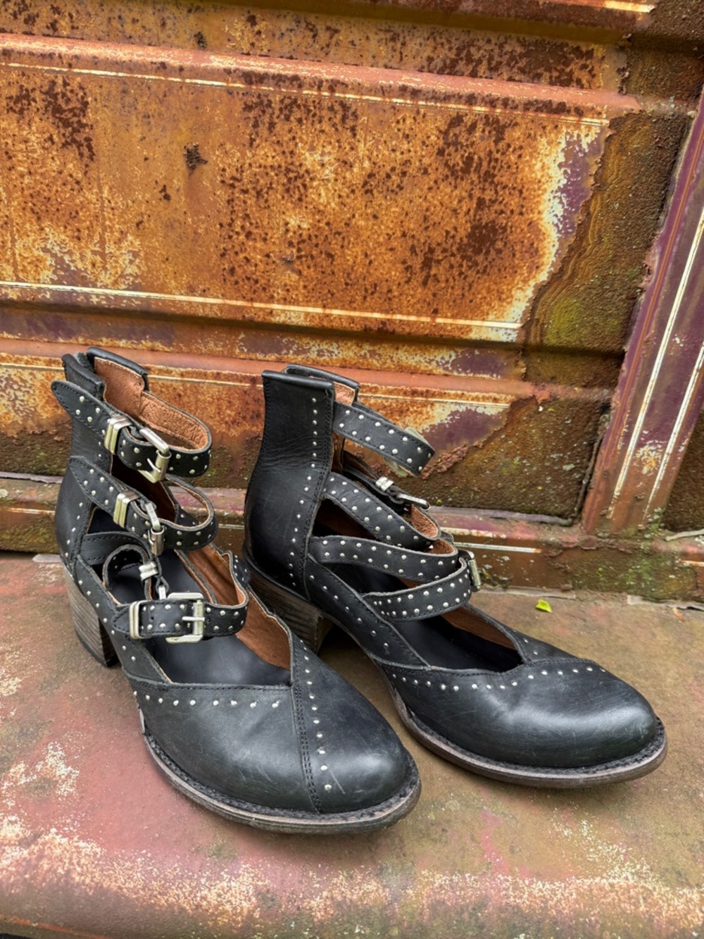freebird Black Studded Multi-Strap Heels with Buckles
